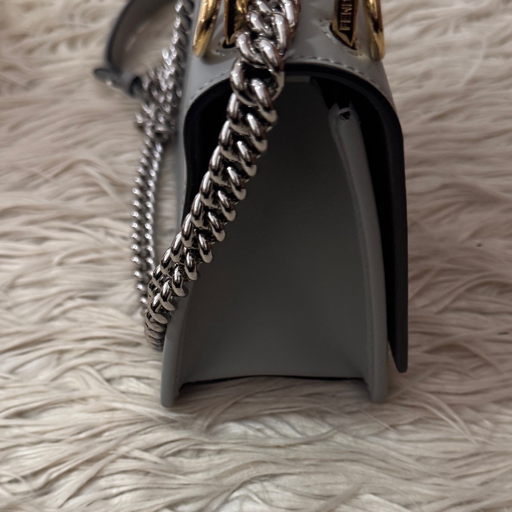 Fendi (F is for Fendi) Gray Leather Shoulder Bag with Chain Strap - Picture 10 of 16